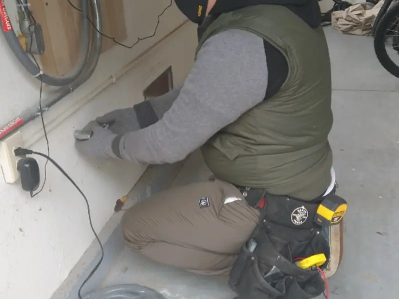 Electrician performing outlet wiring in a Aledo garage